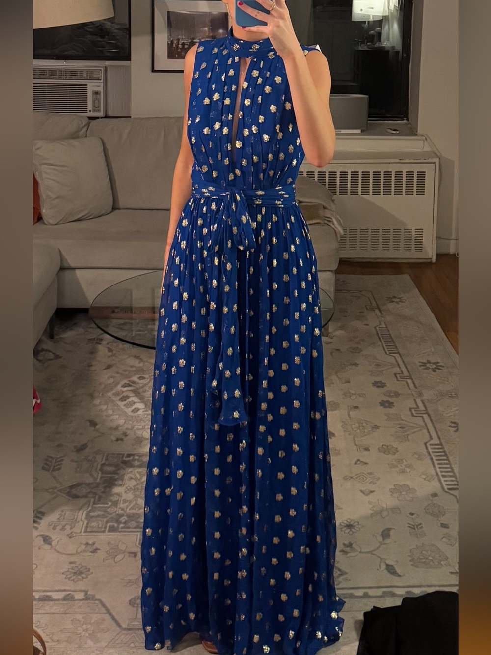 Monique Lhuillier Cobalt Blue Maxi Dress with Gold Dot Accents